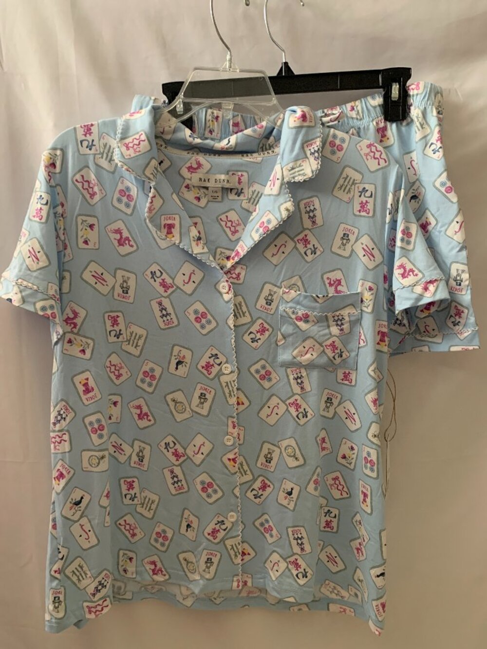 RAE DUNN Mahjong Tiles Crochet Trim Pajamas Set in Sky Blue Sz LARGE